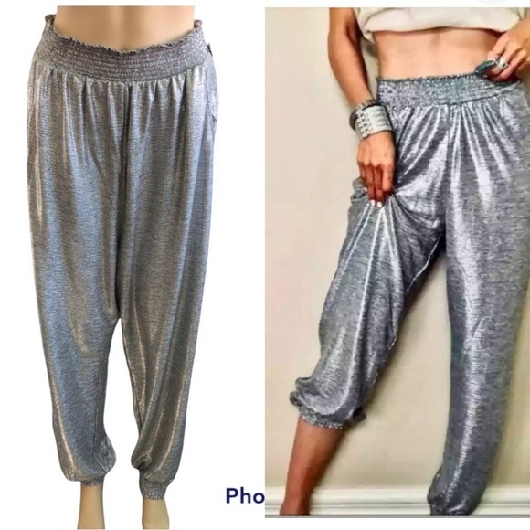 New Anthropologie Pants Womens Silver Metallic Shimmer Elastic Waist Jog… - Picture 1 of 9